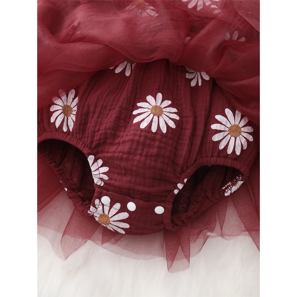 Catpapa girl | 【2PCS】 0-18M Baby Girl Romper Dress | Maroon Daisy Print Mesh Tulle Dress + Matching Bow Headband | Cute Newborn Outfit | Babies dress | Cute baby dresses | Kids fancy dresses