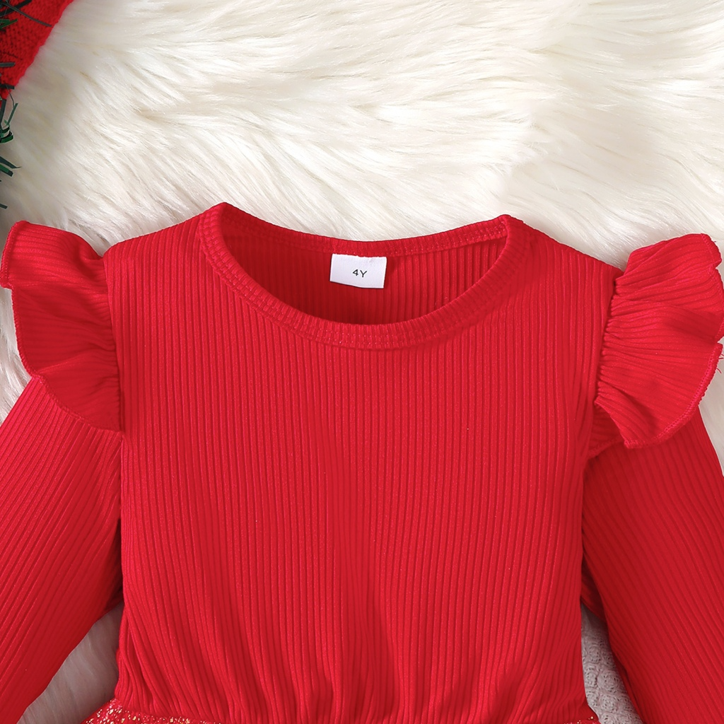 【2-6Y】 Toddler Girl Christmas Dress | Red Ribbed Long Sleeve Dress with Glitter Star Tulle Skirt | Festive Holiday Outfit
