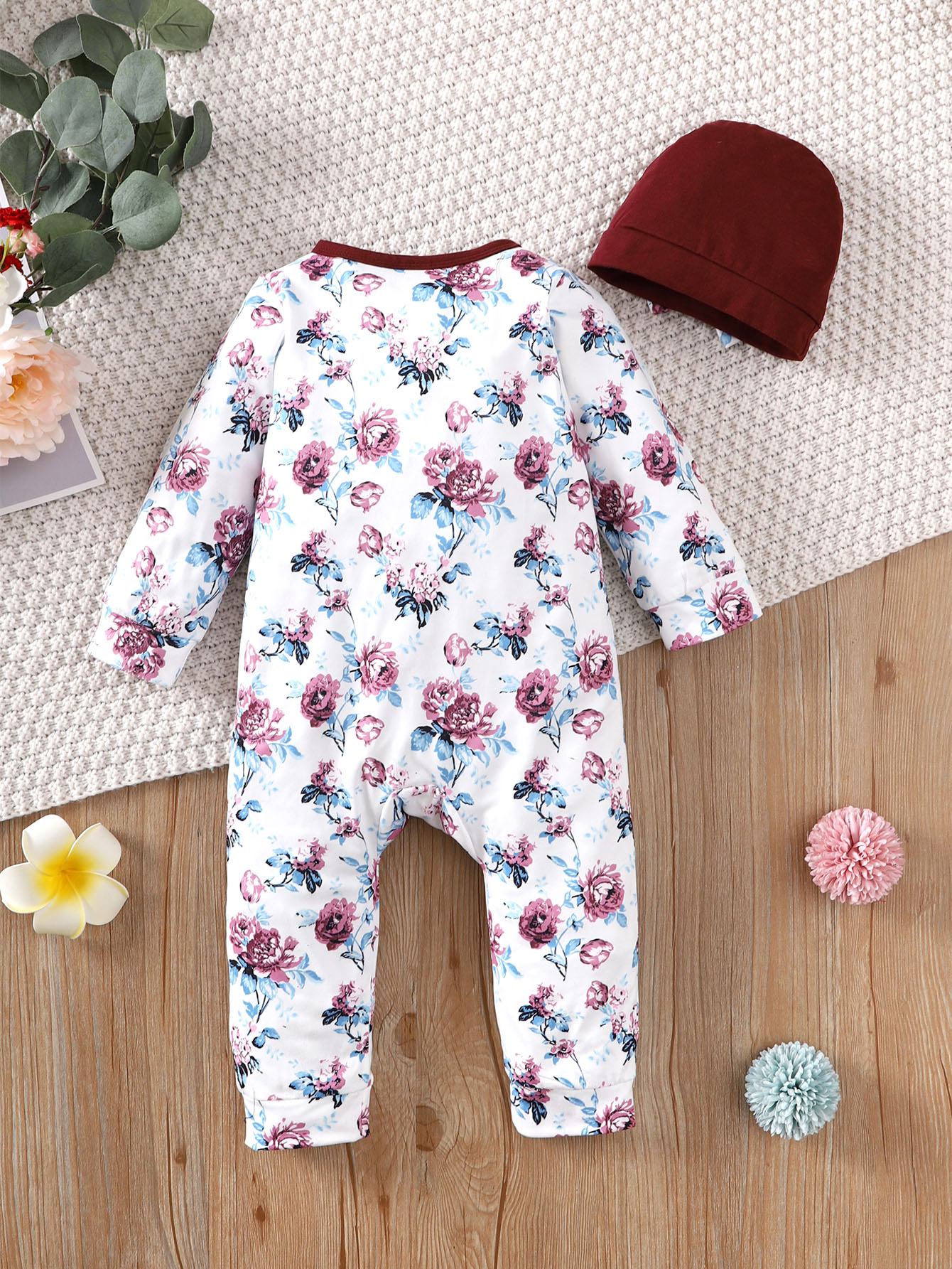 【2PCS】 3-24M Baby Girl Romper Set | Floral Print Long Sleeve Jumpsuit with Bow + Matching Maroon Hat | Elegant Newborn Outfit baby clothes