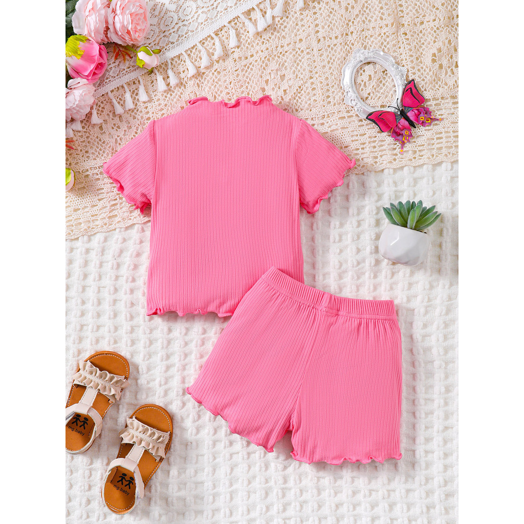 0-3 Years Infant Baby Girl Summer 2pcs Clothing Set Plain Color T-shirt with Shorts Round Neck Floral Edge Design Fashion Simple Sport Style Kid Girl OOTD Soft Outfit