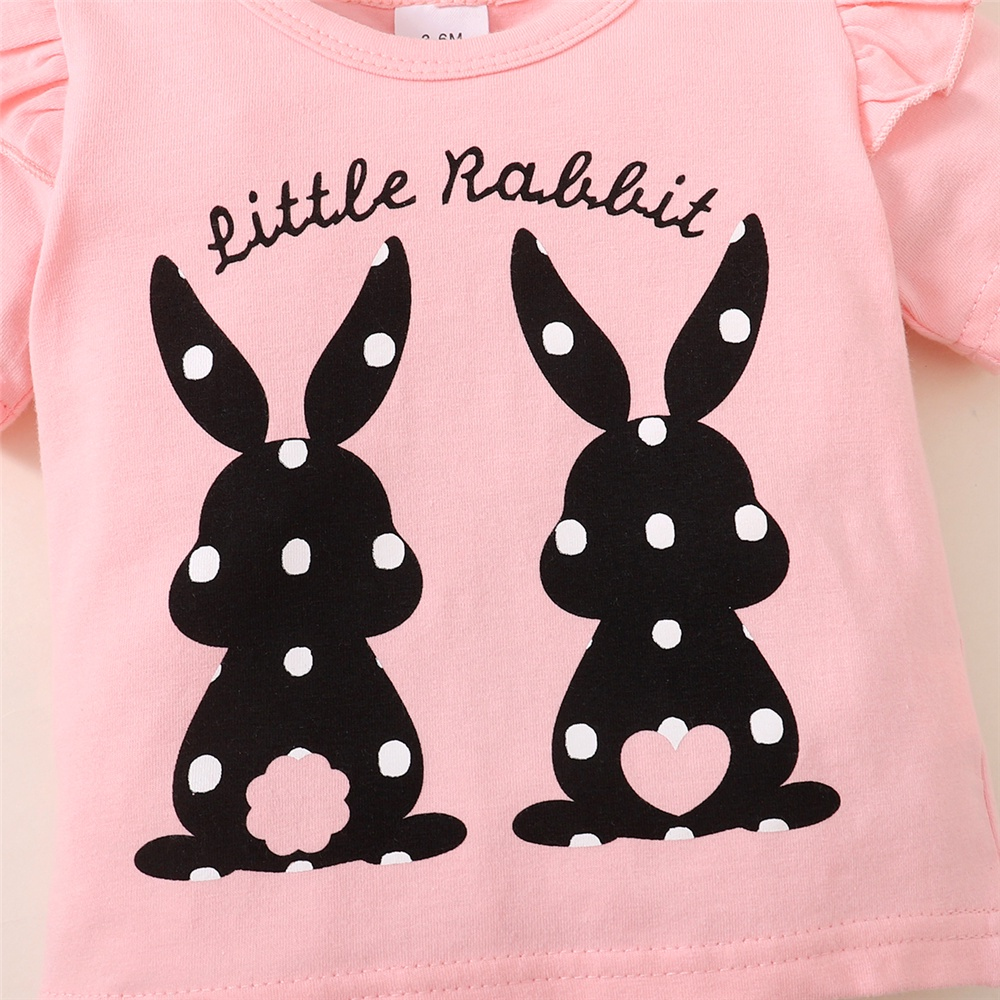 【3PCS】 0-18M Baby Girl Clothes Set | Pink "Little Rabbit" Print Ruffle T-shirt + Polka Dot Shorts + Bow Headband | Cute Casual Set