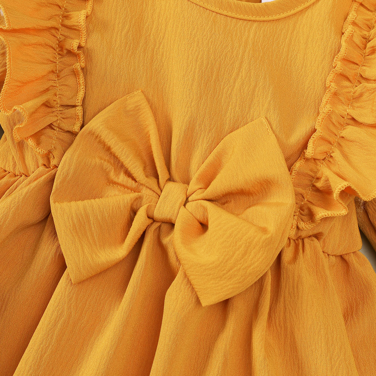 【2PCS】 1-18M Baby Girl Set | Mustard Yellow Ruffle Dress with Bow + Matching Bow Headband | Adorable Everyday Wear