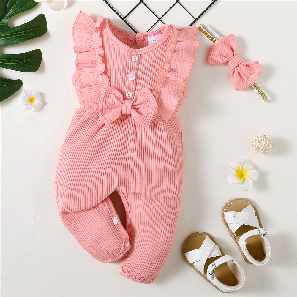 【2PCS】 0-12M Baby Girl Outfit | Pink Ribbed Ruffle Trim Romper with Bow + Matching Headband | Soft Casual Wear