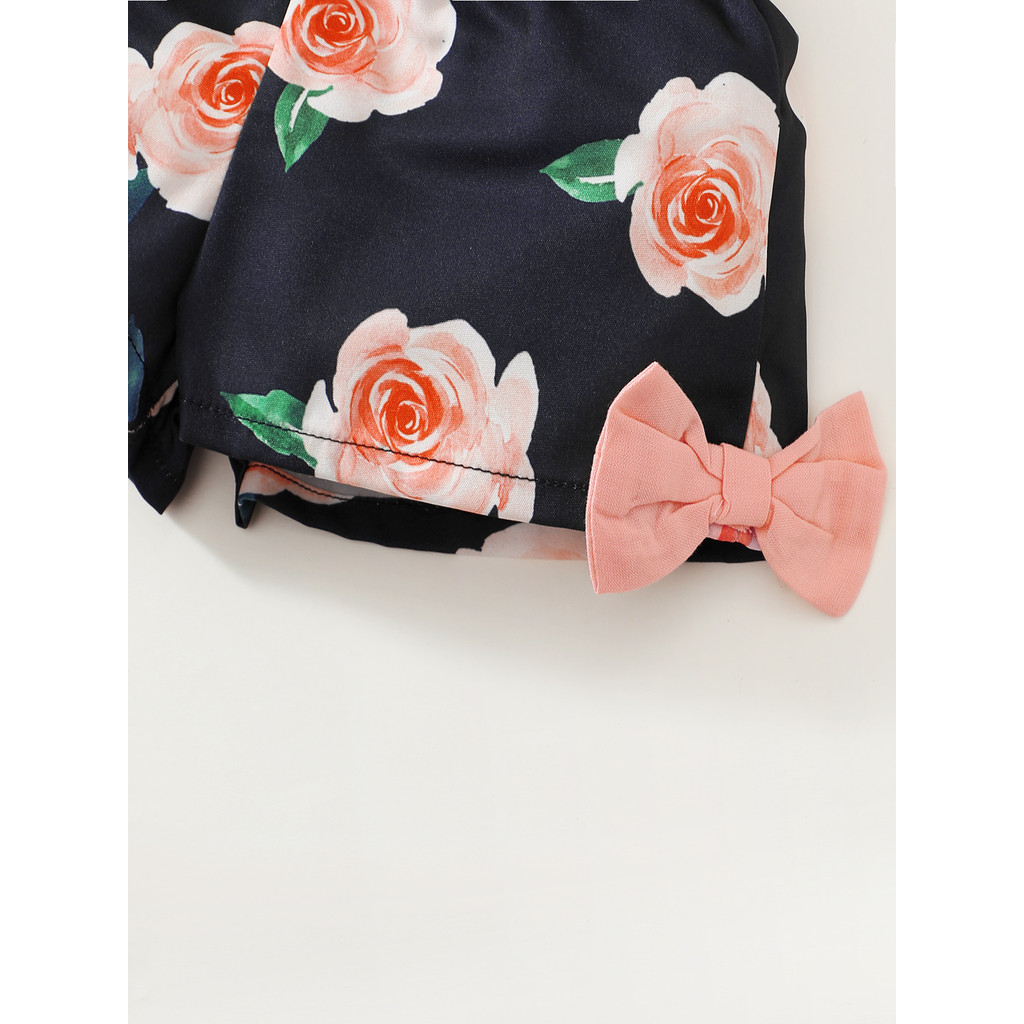 3-24Months Infant Baby Girl 2pcs Clothes Set Sleeveless Flower Print Top Vest with Pink Bow Shorts Handband Fashion Lovely Style Toddler Baby Daily Party Outfit