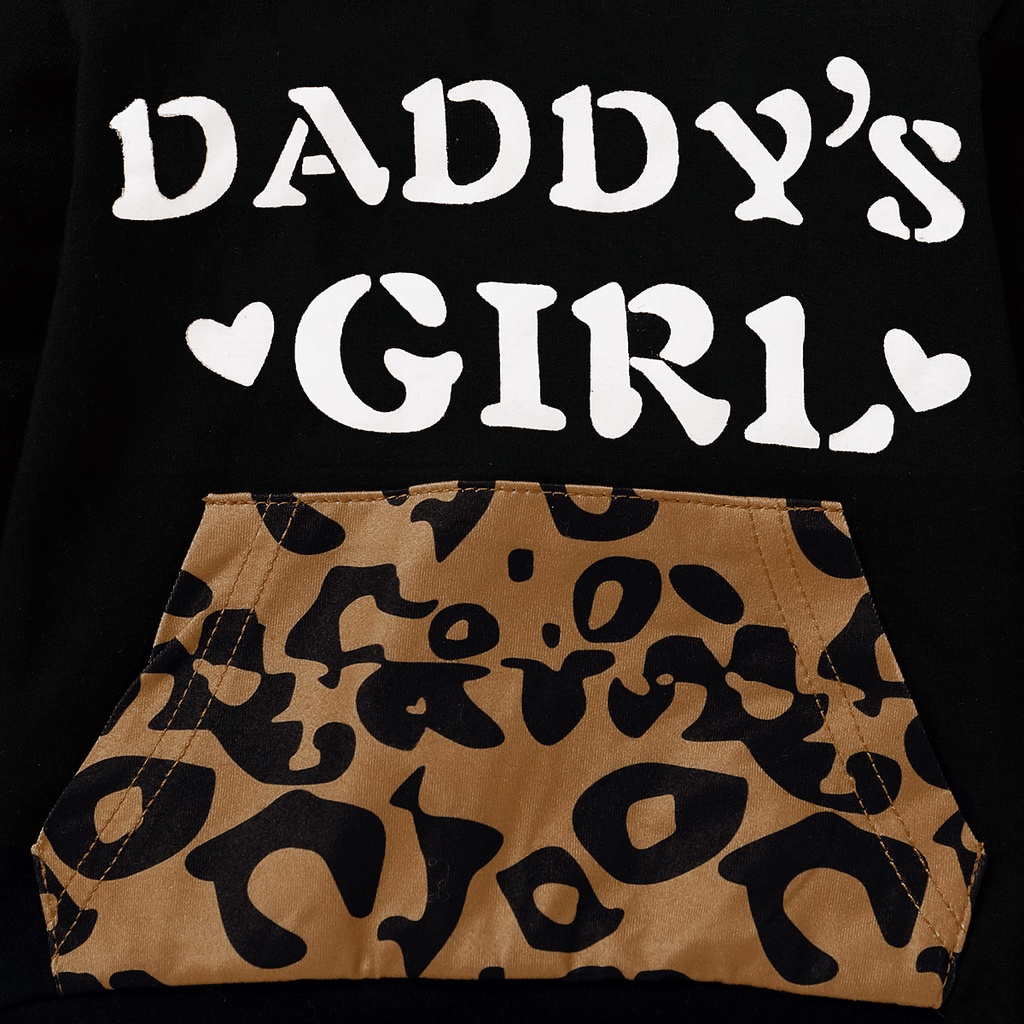 【3-24M】 Toddler Girl Trendy 3PCS Set | Black Hoodie with Leopard Print Pocket + Leopard Pants + Bow Headband | Fashion Daily Wear