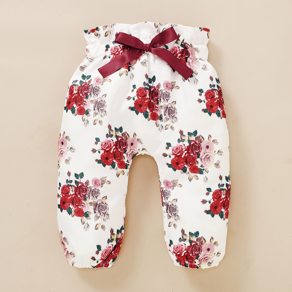 【3PCS】 0-18M Baby Girl Set | Maroon Ribbed Ruffle Bodysuit + Rose Print Pants + Matching Bow Headband | Elegant Casual Outfit