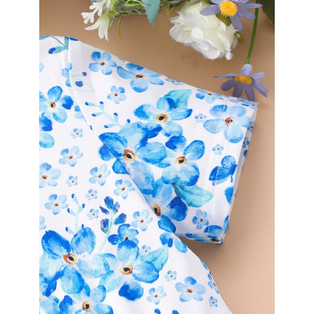 【2-7Y】 Toddler Girl Casual Dress | Blue Floral Print Short Sleeve A-Line Dress | Sweet Summer Wear