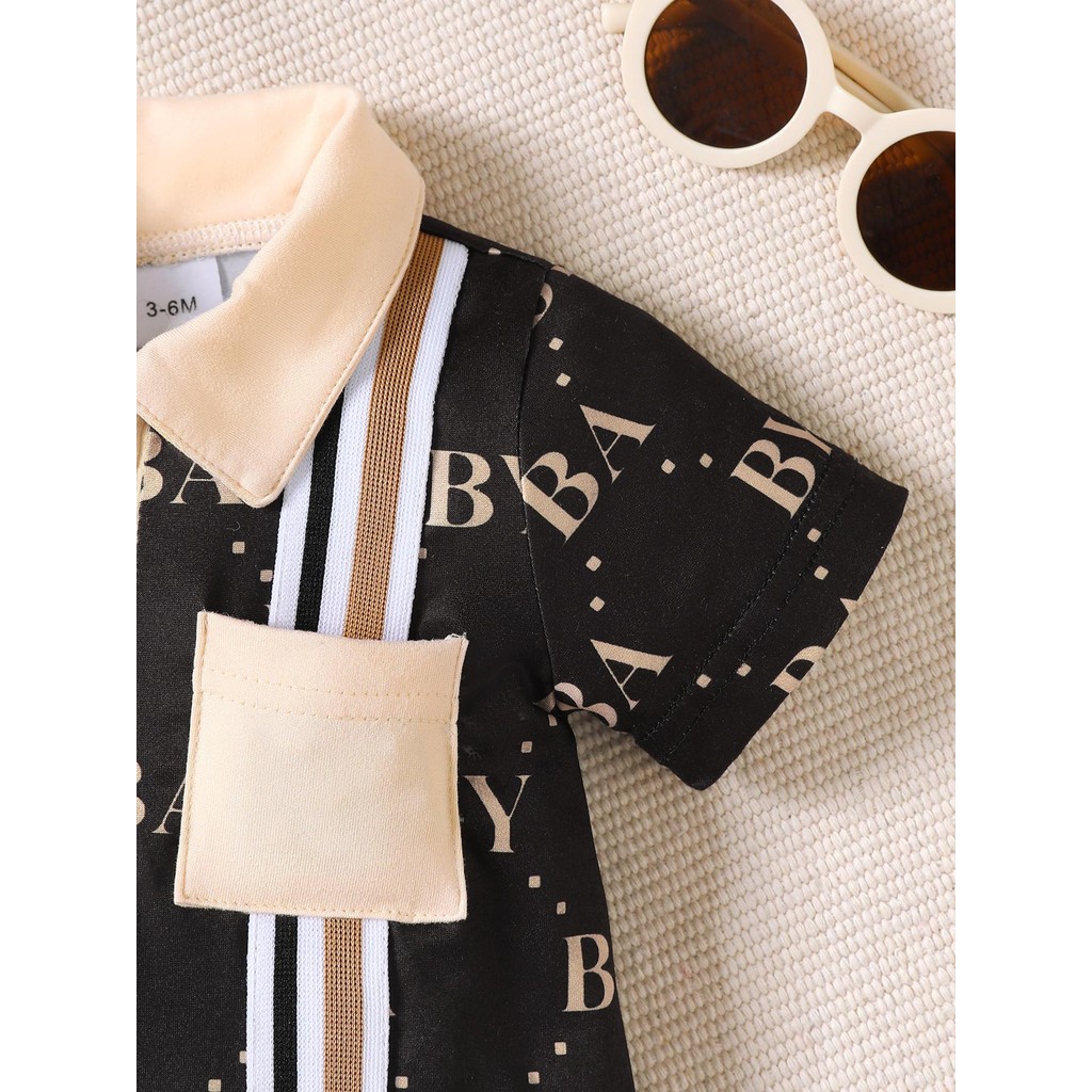 【0-24M】 Baby Boy Romper | Black "BA/BY" Allover Print Polo Collar Short Sleeve Jumpsuit | Light Luxury Style Summer Wear