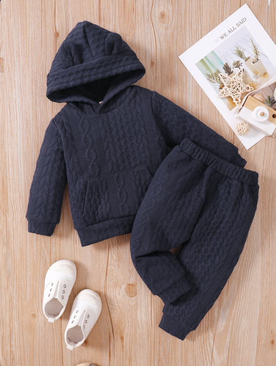 Catpapa boy |【2PCS】 3-24M Toddler Set | Navy Blue Cable Knit Hoodie with Ears + Matching Pants | Cozy Fall/Winter Outfit | Boys clothes fashions | Two piece set for kids boys | BabySuit