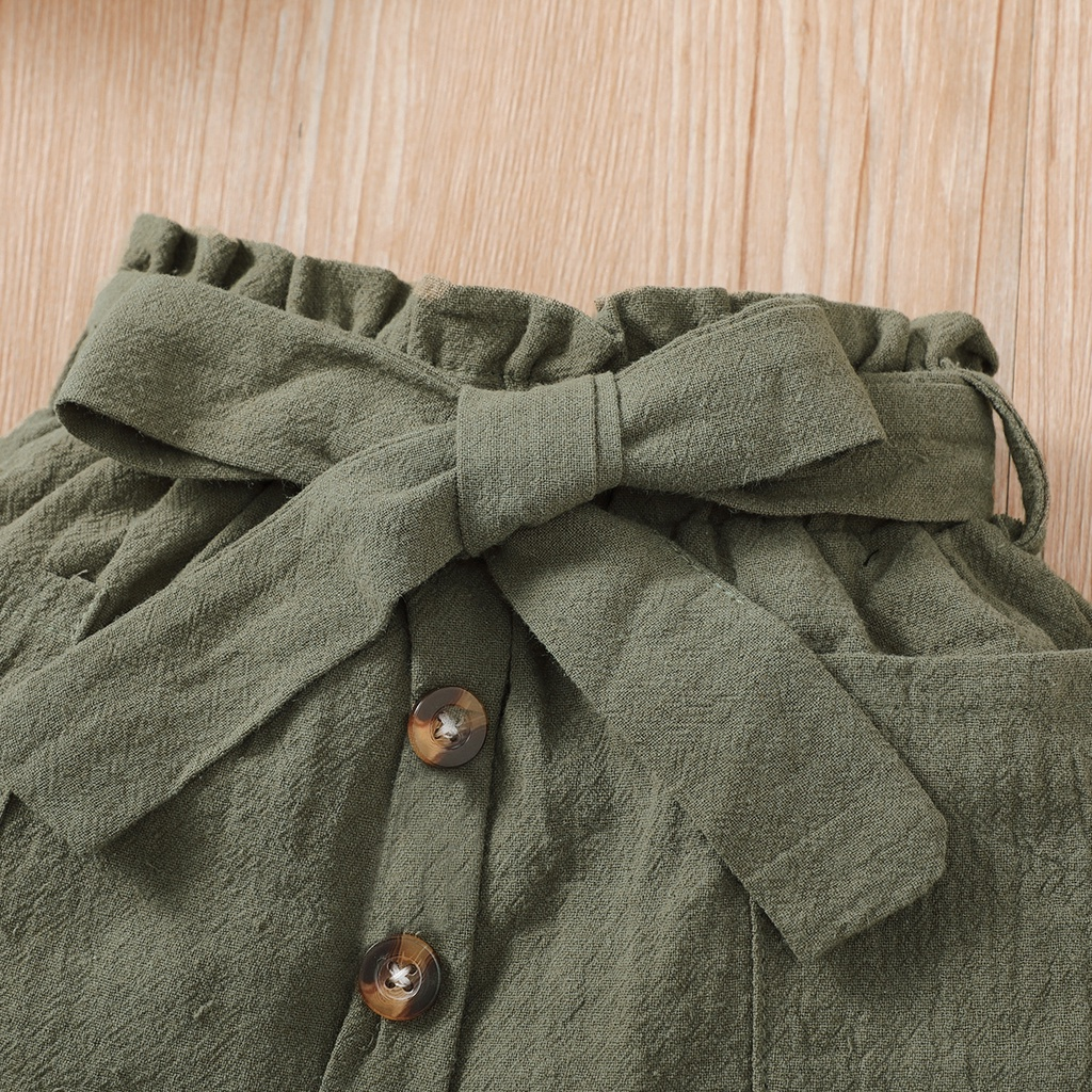 【2PCS】 3-24M Toddler Girl Casual Outfit | Black Ribbed Halter Top + Green Button Skirt with Bow Belt | Trendy Daily Wear