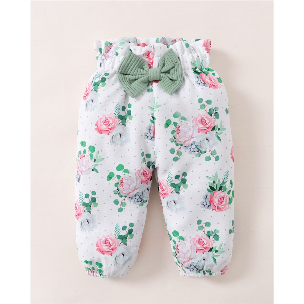 【3PCS】 0-18M Baby Girl Clothes Set | Green Ribbed Letters Print Romper + Floral Pants + Bow Headband | Casual Summer Outfit