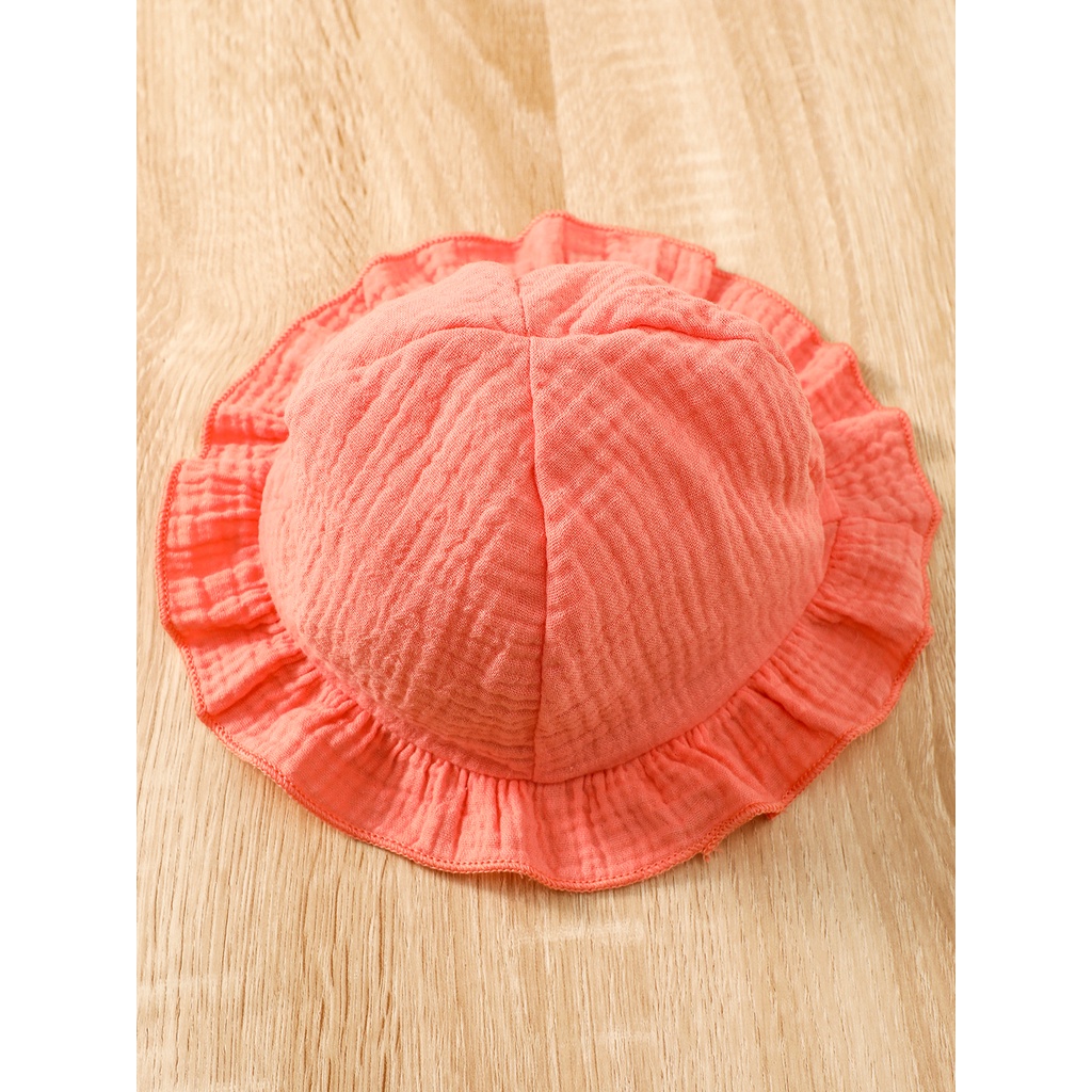 【2PCS】 0-9M Baby Girl Set | Heart Print Ruffle Dress with Bow + Matching Coral Sun Hat | Cute Summer Outfit