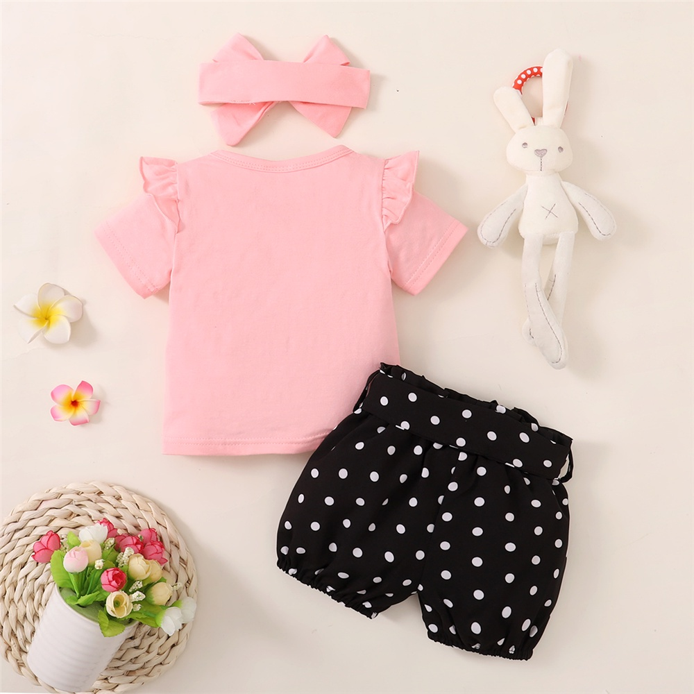 【3PCS】 0-18M Baby Girl Clothes Set | Pink "Little Rabbit" Print Ruffle T-shirt + Polka Dot Shorts + Bow Headband | Cute Casual Set