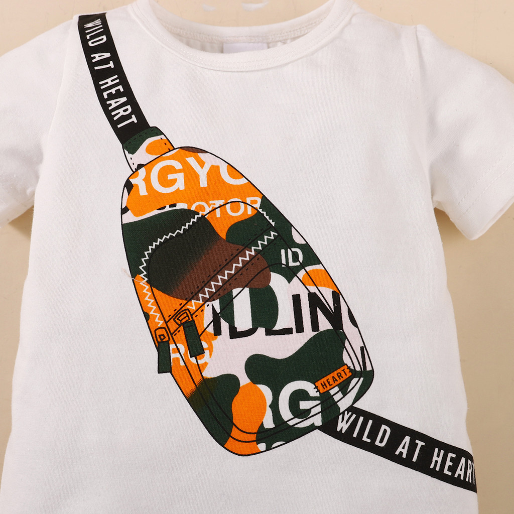 【0-18M】 2PCS Baby Boy Summer Romper Set | Trendy Sling Bag Print Short Sleeve Jumpsuit with Bear Ear Hat | Cute Casual Newborn Outfit