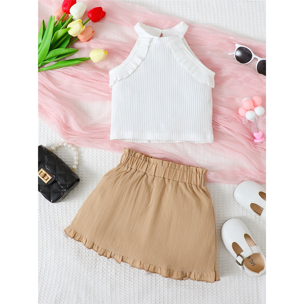 【2PCS】 0-3Y Baby Girl Halter Neck Dress | White Ribbed Ruffle Top + Khaki Skirt | Fashion Casual Summer Outfit