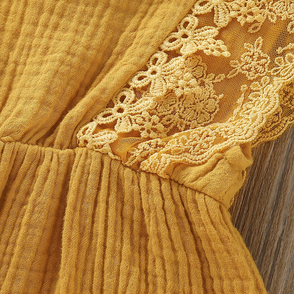 【2PCS】 0-18M Baby Girl Set | Mustard Yellow Lace Trim Romper + Matching Headband | Adorable Casual Wear