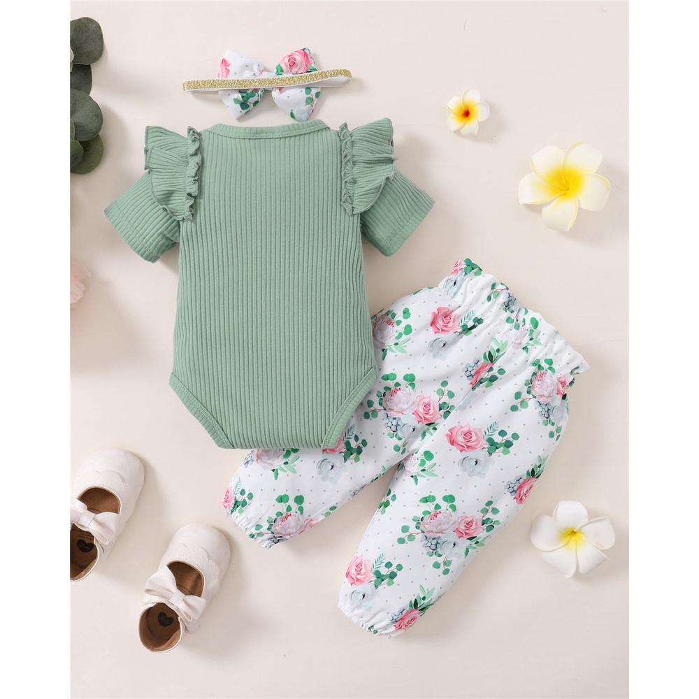 【3PCS】 0-18M Baby Girl Clothes Set | Green Ribbed Letters Print Romper + Floral Pants + Bow Headband | Casual Summer Outfit