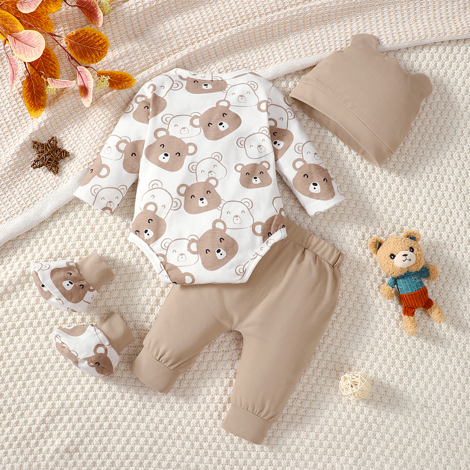 【4PCS】 0-9M Baby Boy Set | Bear Print Bodysuit + Solid Pants + Matching Ear Hat + Booties | Soft Newborn Wear
