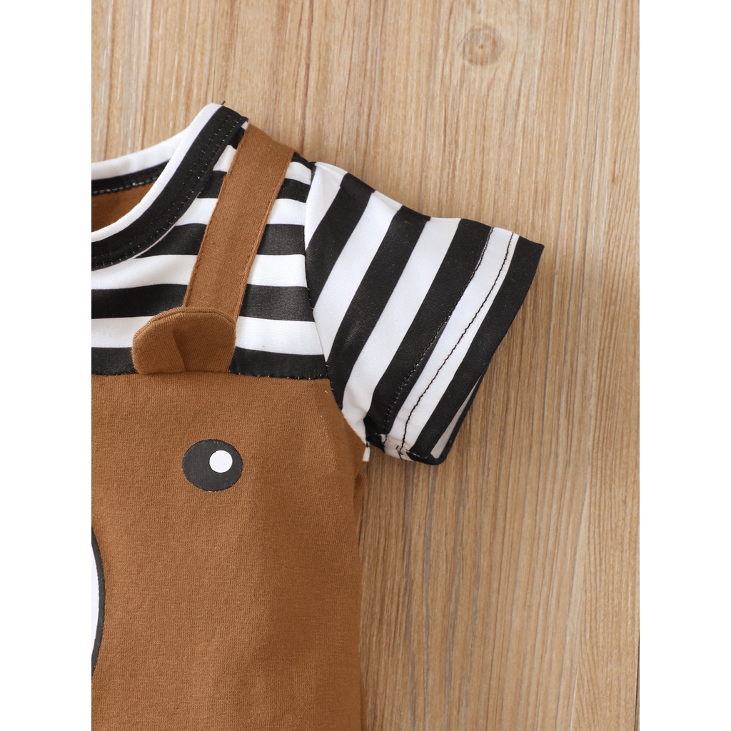 【2PCS】 0-18M Baby Boy Set | Brown Bear Print Romper + Matching Bear Ear Hat | Cute Summer Outfit
