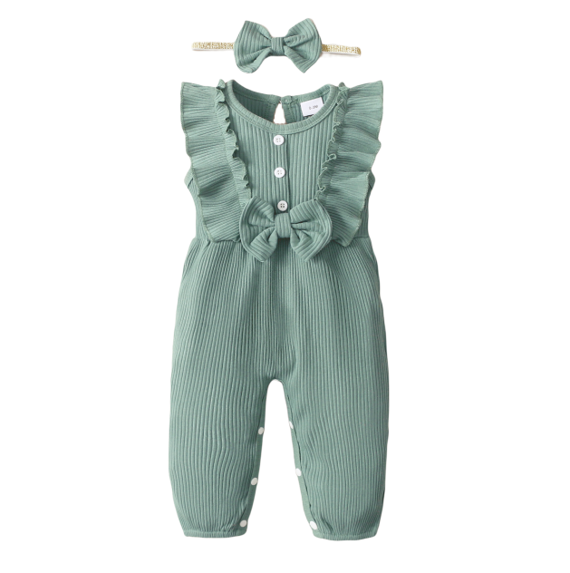 【2PCS】 0-12M Baby Girl Romper Set | Mint Green Ribbed Ruffle Jumpsuit with Bow + Matching Headband | Cute Newborn Outfit