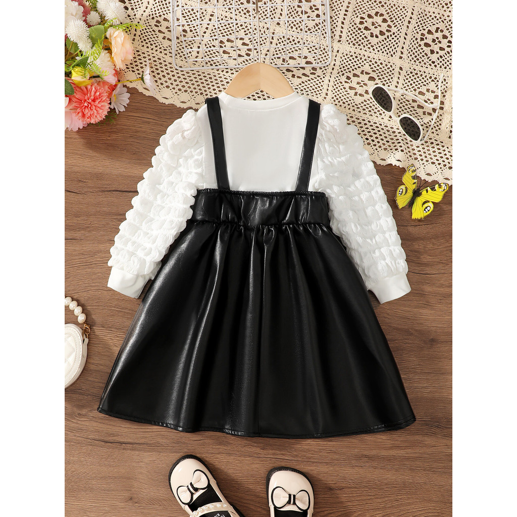 【2PCS】 4-7Y Toddler Girl Outfit | White Bubble Sleeve Top + Black Faux Leather Suspender Dress | Stylish Casual Set
