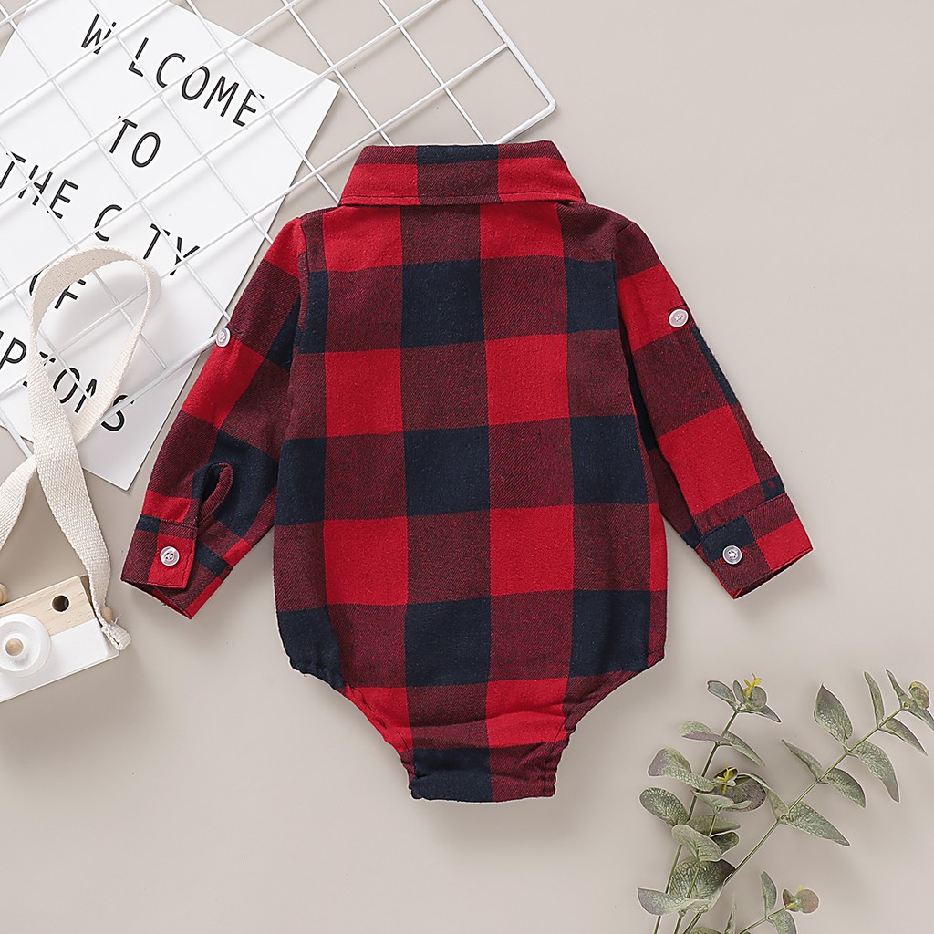 0-1Years Newborn Baby Boys Bodysuit Fashion Plaid Print Long Sleeve Turn Down Collar Button Down Onesies