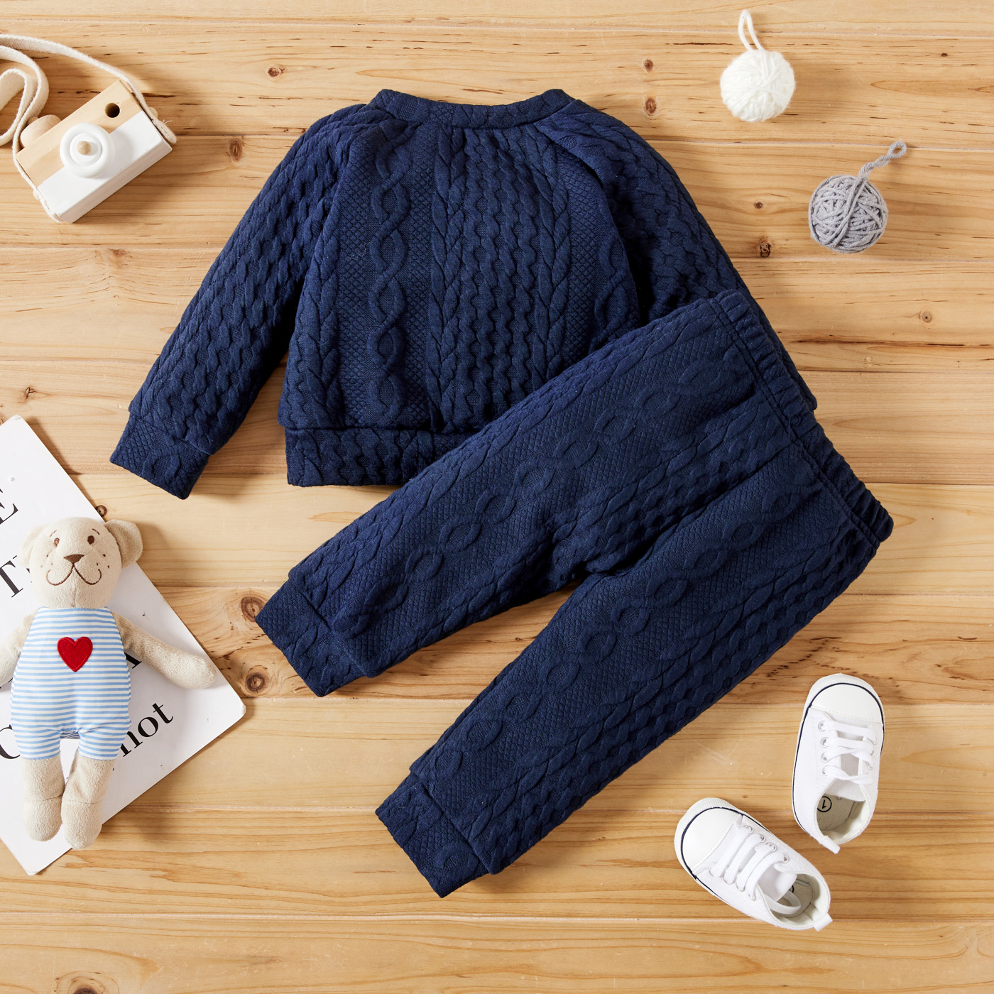 Catpapa boy |【2PCS】 0-3Y Unisex Baby Set | Navy Blue Cable Knit Sweatshirt + Matching Pants | Cozy Fall/Winter Outfit | Babies dress | Boys clothes fashions | Two piece set for kids boys