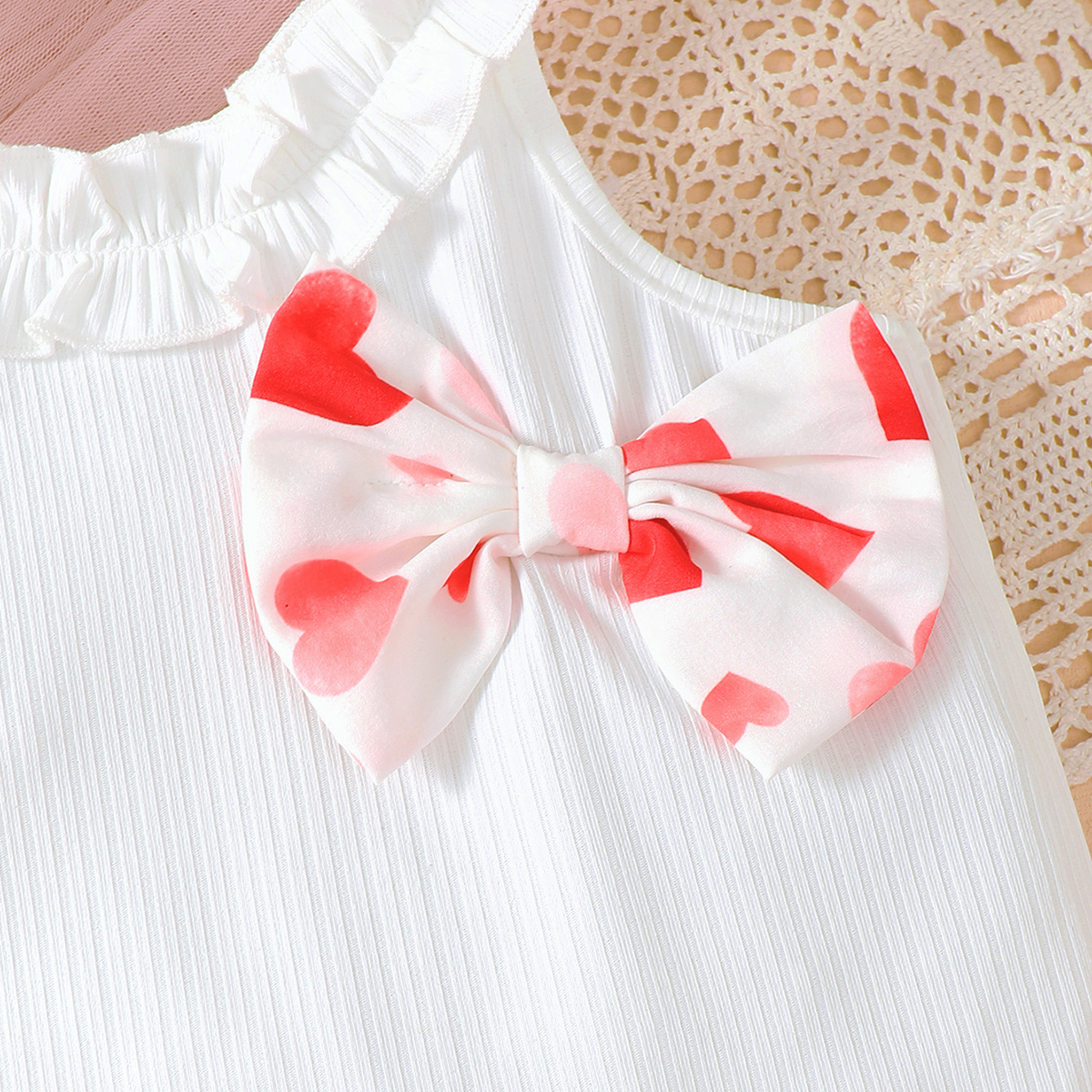 【2PCS】 4-7Y Toddler Girl Summer Set | White Ruffle Neck Tank Top + Red Heart Print Skirt with Bow | Cute Heart Outfit