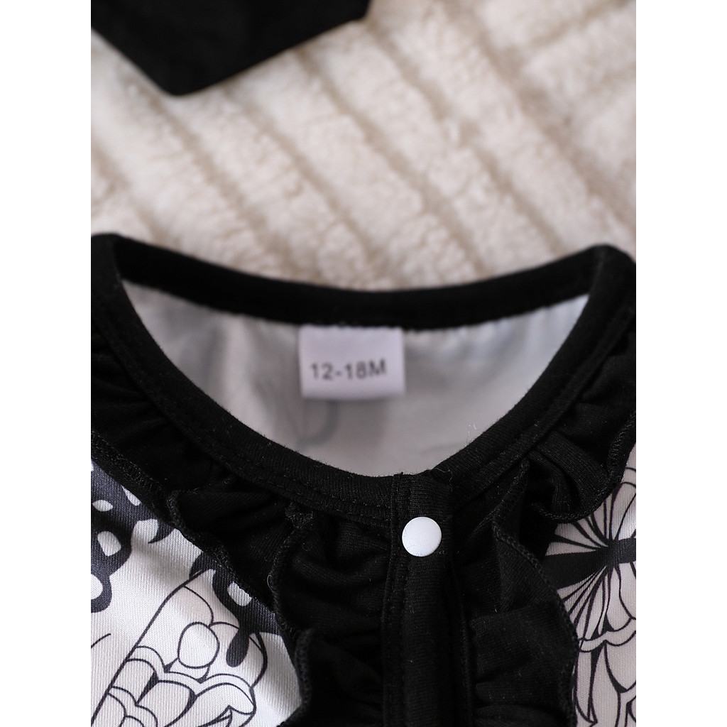 【2PCS】 0-18M Baby Girl Romper Set | Black & White Butterfly Print Ruffle Trim Jumpsuit + Matching Bow Headband | Cute Outfit