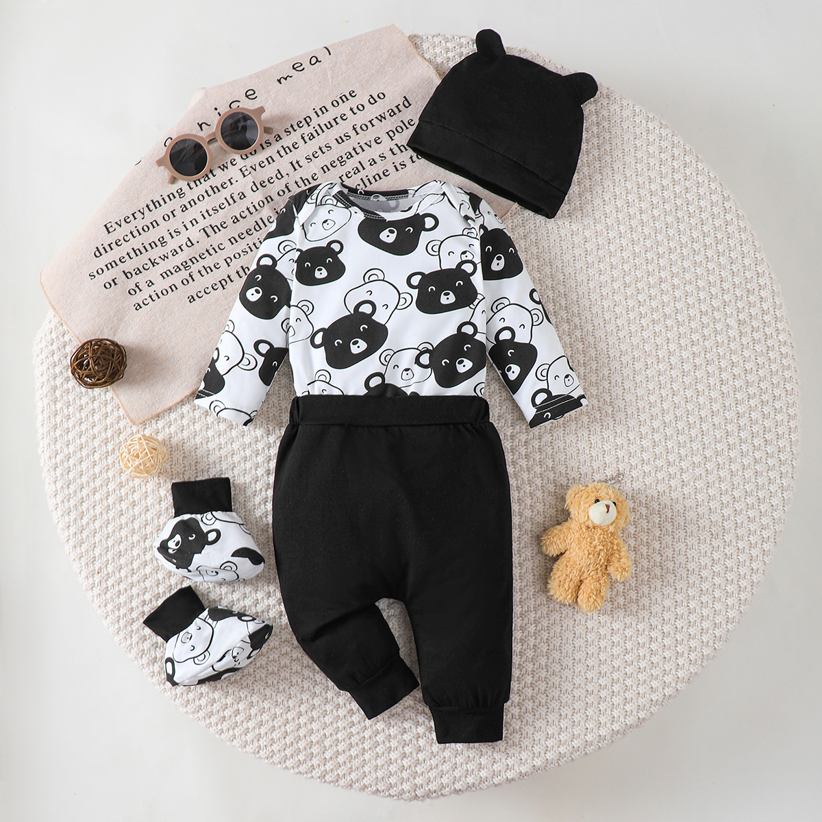 【4PCS】 0-9M Baby Boy Set | Black & White Bear Print Bodysuit + Black Pants + Matching Ear Hat + Booties | Adorable Casual Outfit