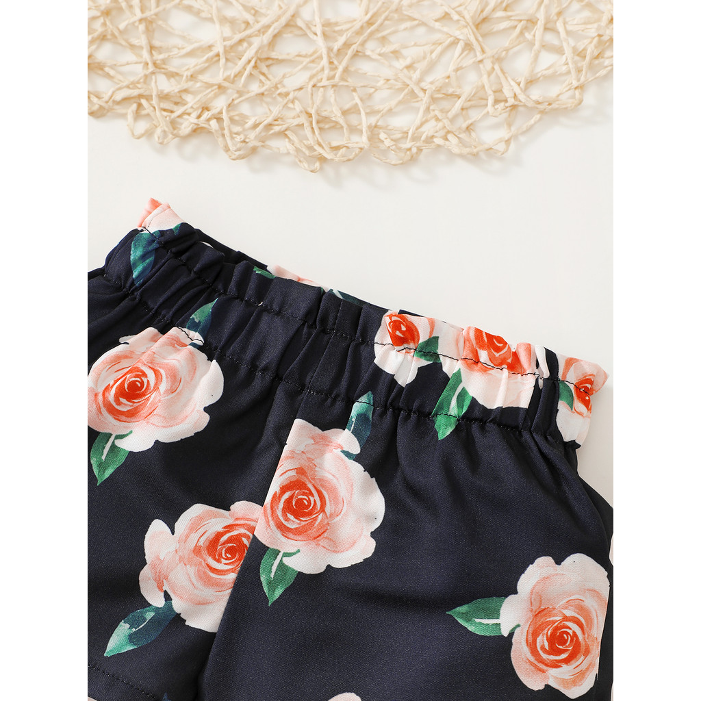 3-24Months Infant Baby Girl 2pcs Clothes Set Sleeveless Flower Print Top Vest with Pink Bow Shorts Handband Fashion Lovely Style Toddler Baby Daily Party Outfit