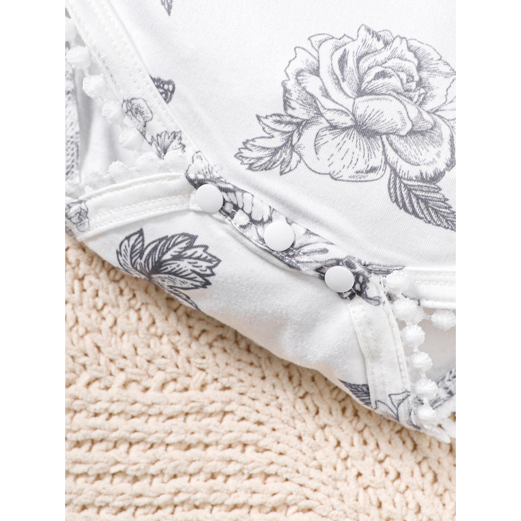 【3-24M】 2PCS Baby Girl Outfit: Floral Print Sleeveless Romper with Pom Pom Trim + Matching Headband – Cute Spring & Summer Party Set