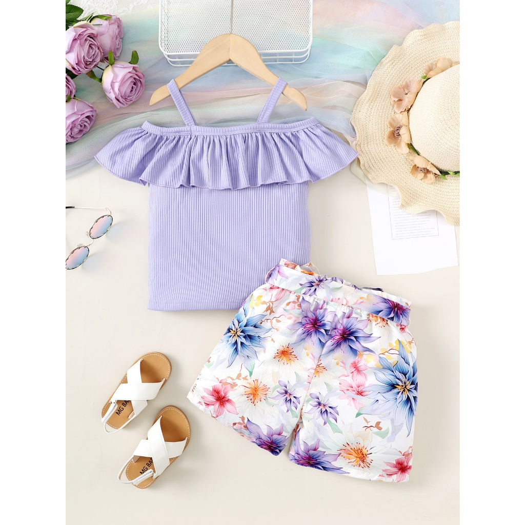 【2PCS】 4-7Y Baby Girl Summer Set | Purple Off-Shoulder Ruffle Top + Floral Print Shorts | Fashion Casual Outfit