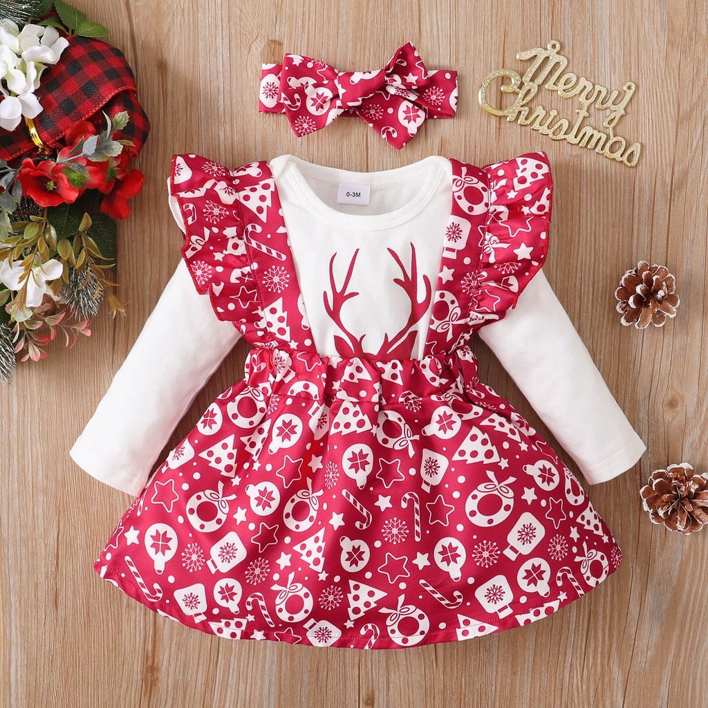 0-18 Months Baby Girl Christmas Costume Set / Infant Baby Clothing Romper + Skirt + Headwear 3Pcs Set Princess Skirt / Toddler Winter Partywear New Year