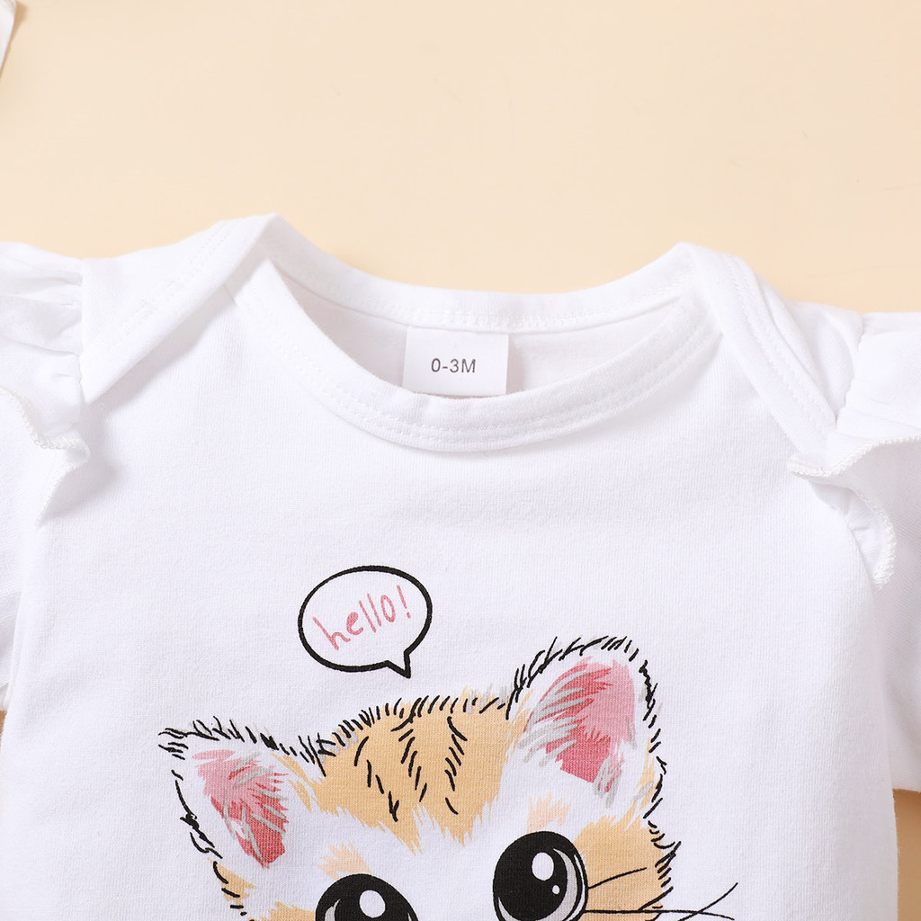【3PCS】 0-12M Baby Girl Clothes Set | Cat Print Ruffle Sleeve Romper + Pink Bow Shorts + Bow Headband | Sweet Casual Wear