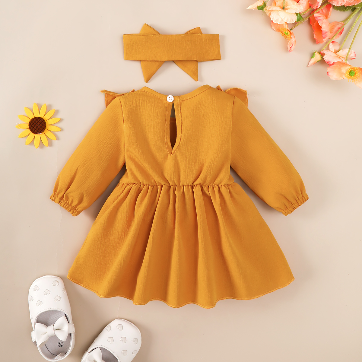【2PCS】 1-18M Baby Girl Set | Mustard Yellow Ruffle Dress with Bow + Matching Bow Headband | Adorable Everyday Wear