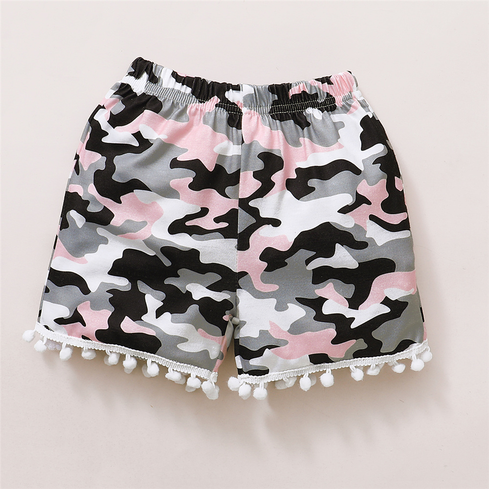 【3PCS】 12M-5Y Baby Girl Clothes Set | "Little Miss Sassy Pants" Letters Print Tank Top + Camouflage Pom Pom Shorts + Bow Headband | Trendy Summer Set