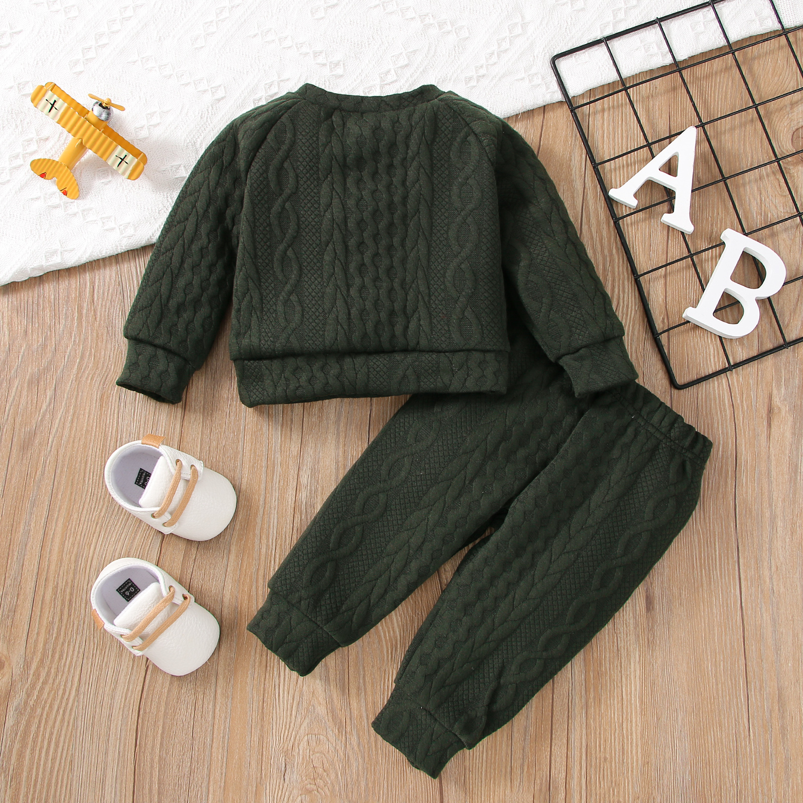 【2PCS】 0-3Y Baby Fall Outfit | Dark Green Cable Knit Sweatshirt + Matching Pants | Comfortable Winter Wear