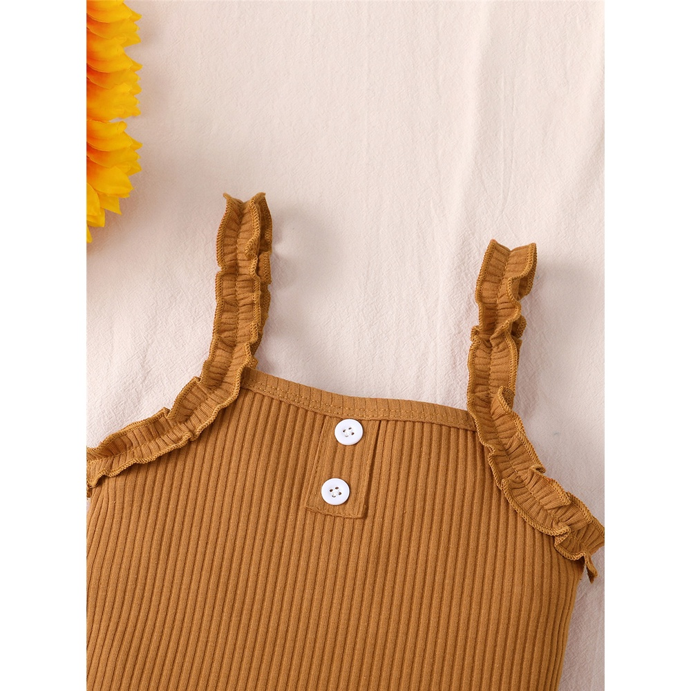 【3PCS】 0-18M Baby Girl Outfit | Brown Ribbed Cami Romper + Floral Skirt + Matching Headband | Cute Summer Set