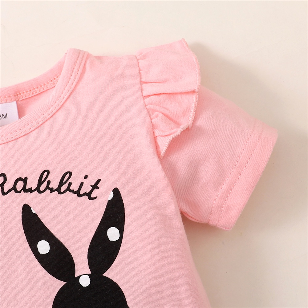【3PCS】 0-18M Baby Girl Clothes Set | Pink "Little Rabbit" Print Ruffle T-shirt + Polka Dot Shorts + Bow Headband | Cute Casual Set