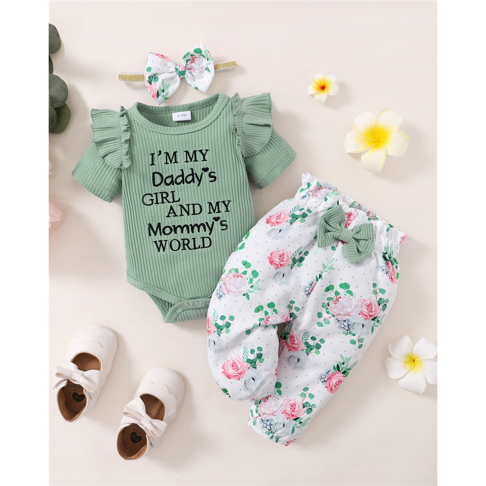 【3PCS】 0-18M Baby Girl Clothes Set | Green Ribbed Letters Print Romper + Floral Pants + Bow Headband | Casual Summer Outfit