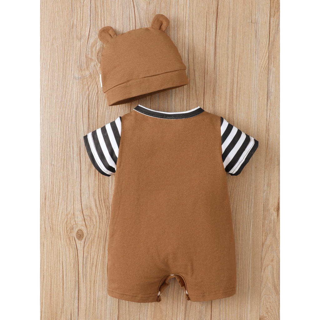 【2PCS】 0-18M Baby Boy Set | Brown Bear Print Romper + Matching Bear Ear Hat | Cute Summer Outfit