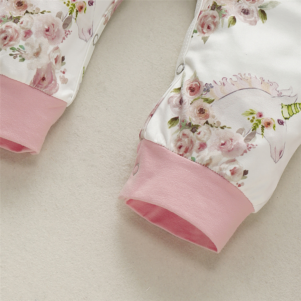0-2Years Newborn Baby Girl Unicorn Design Jumpsuit, Toddler Baby Girl Pretty Rose Floral Ruffle Long Sleeve Romper, Infant Girl Pajamas Onesie Clothes