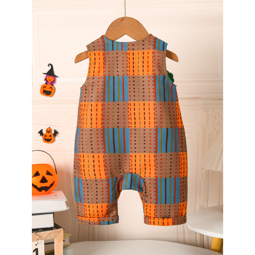 【 3-24 months 】 Halloween sleeveless jumpsuit | Pumpkin pattern button down hoodie | Baby holiday outfit | Cute crawling outfit