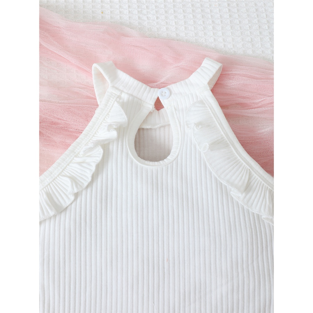 【2PCS】 0-3Y Baby Girl Halter Neck Dress | White Ribbed Ruffle Top + Khaki Skirt | Fashion Casual Summer Outfit