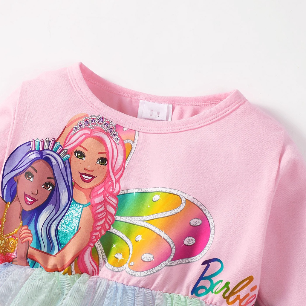 Dress for 1-6 Years Kids Girl Barbie Print Pink Long Sleeve Party Dressing Colorful Skirt Style Lovely Wear