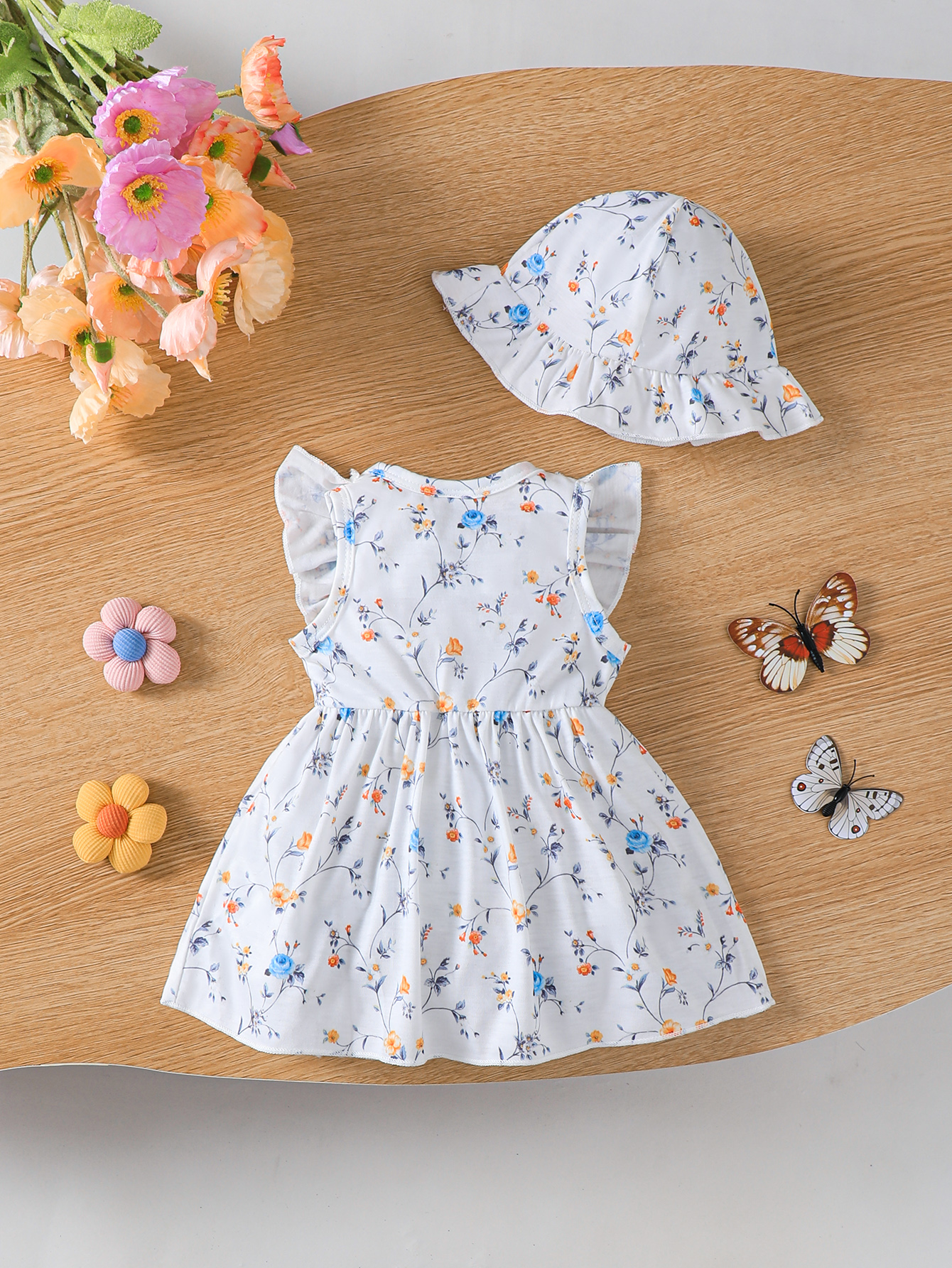 0-3Y Girls' Floral Print Ruffle Dress with Matching Sun Hat | Soft Cotton Sleeveless 2-Piece Outfit, for Daily Wear & Outdoor Activities, Baby Girls
