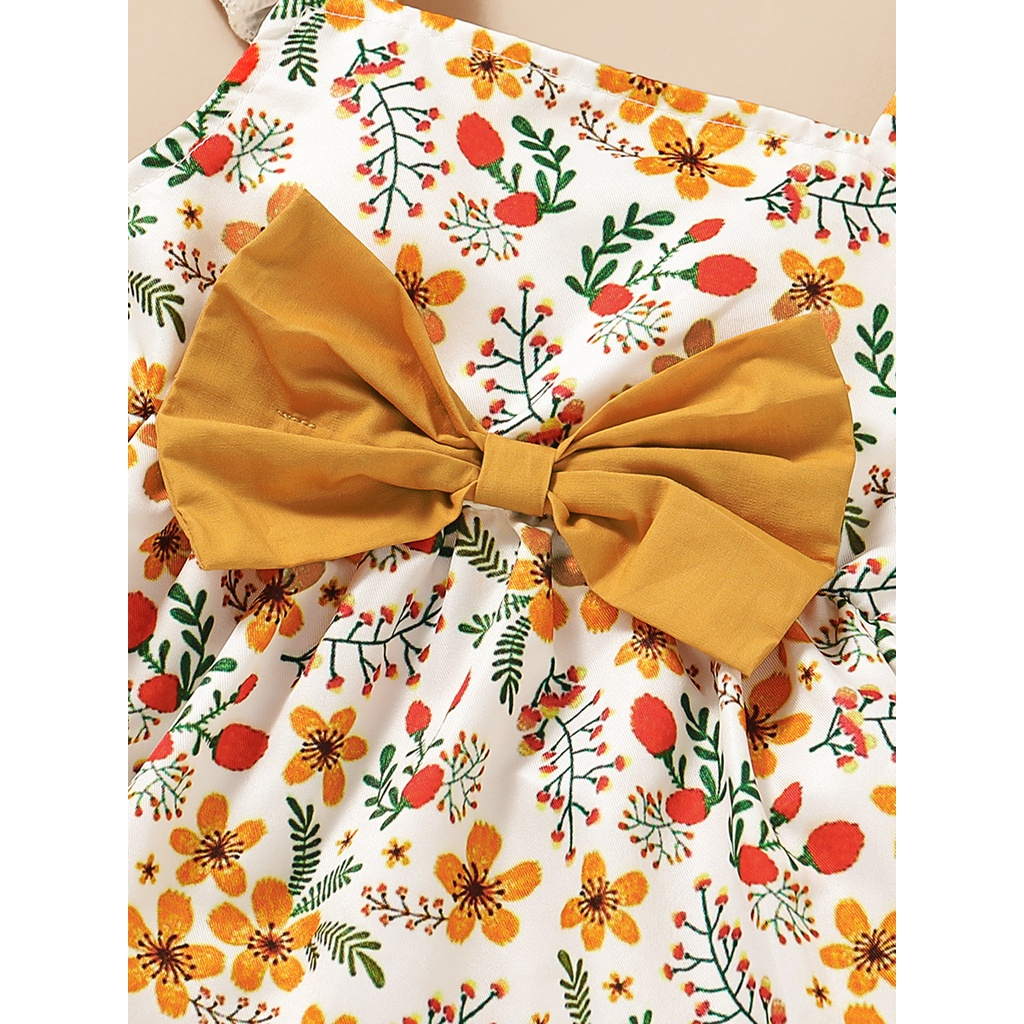 【3PCS】 12M-5Y Baby Girl Set | Floral Print Fly-Sleeve Top + Yellow Ruffle Shorts + Matching Headband | Cute Summer Wear