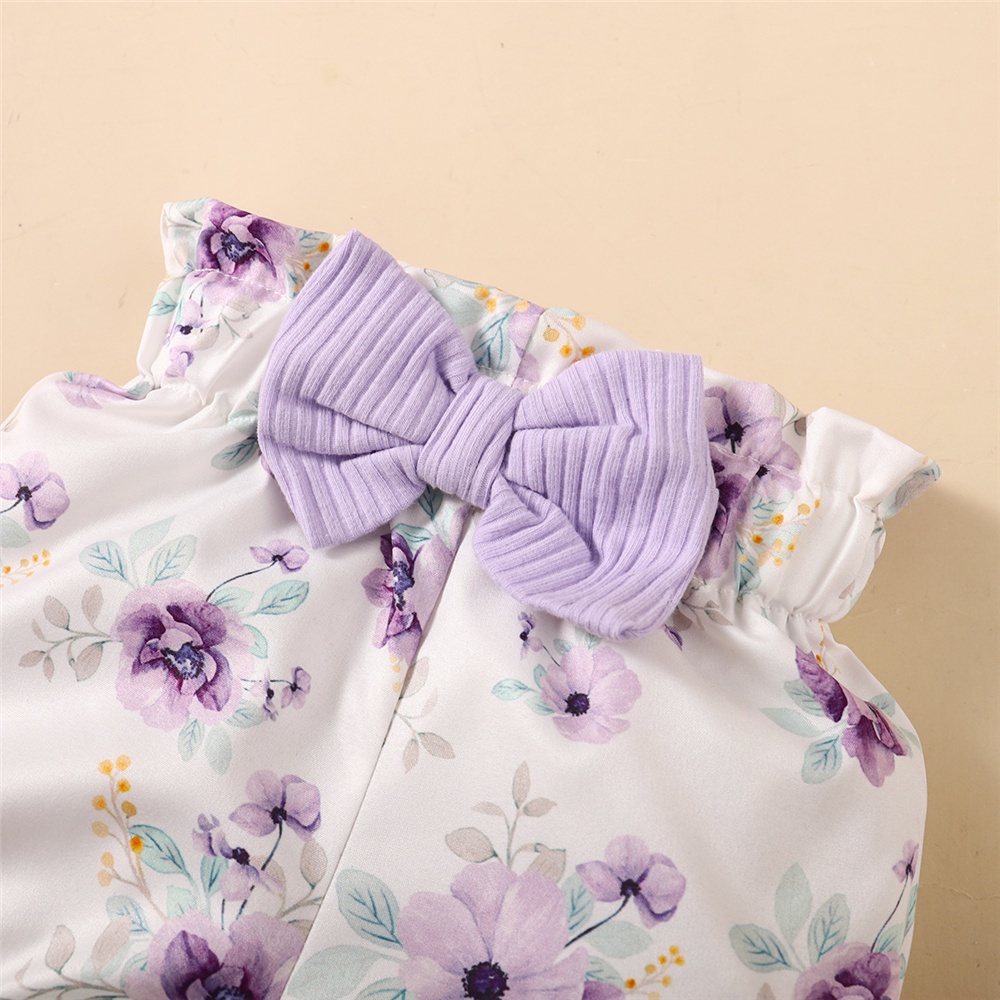 【3PCS】 0-18M Baby Girl Clothes Set | Purple Ribbed Ruffle Romper + Floral Print Shorts + Bow Headband | Sweet Casual Wear