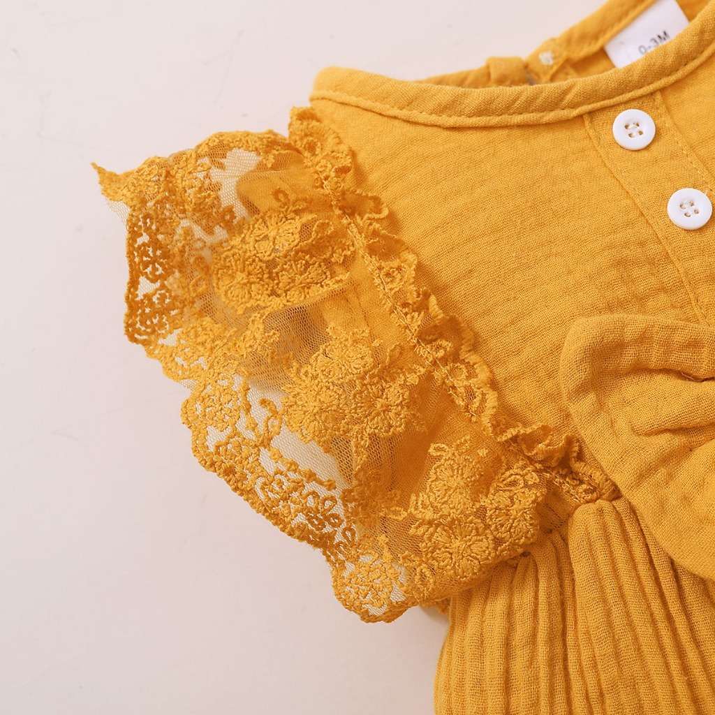 【2PCS】 0-18M Baby Girl Romper Set | Mustard Yellow Lace Trim Jumpsuit with Bow + Matching Bow Headband | Adorable Casual Wear